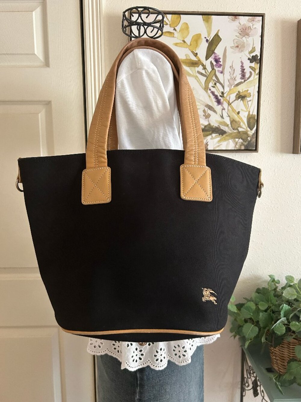 Burberry Blue Label Black Canvas Tote with Tan Handles and Trim